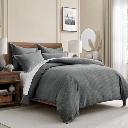 Levtex Home Cloud Waffle King/Cal King Comforter Set (106x94in) with 2 Pillow Shams (36x20in) - Solid Waffle Cotton Texture - Charcoal - 100% Cotton King Size Comforter Set - Soft, Pre-Washed