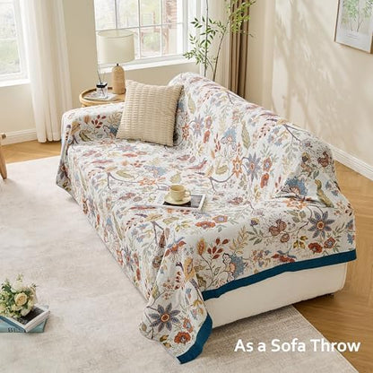 VANJOROY Boho Throw Blanket, 100% Organic Cotton Breathable Skin-Friendly Ultra Soft Bed Quilt Throw - All Season Floral Farmhouse Décor Luxury Blanket for Sofa Couch Chair and Gift. 60" x 80"