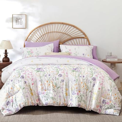 Yiran Floral Comforter Set Twin Size,7 Piece Cute Flower Pattern for Women Teen Girls,Soft Lightweight Purple Coquette Bedding Aesthetic Cottagecore Bed for All Season