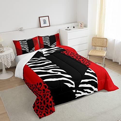 Leopard Zebra Comforter Set Queen,Wild Animals Skin Bedding Set 3pcs for Teens Adults Room Decor,Red Black Geometric Striped Heart Down Comforter Romantic Microfiber Duvet Insert with 2 Pillowcases