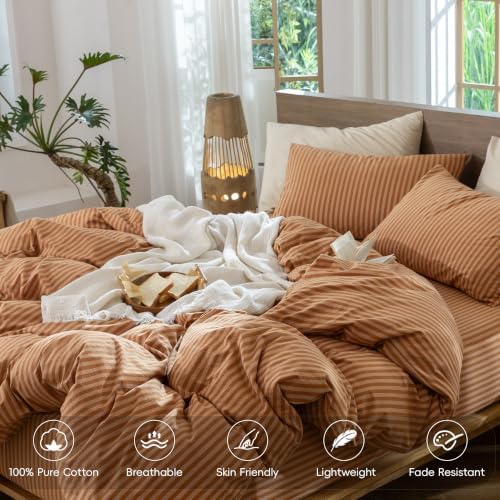 MooMee Striped Duvet Cover Set 100% Washed Cotton Linen Like King