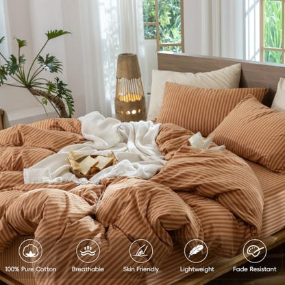 MooMee Striped Duvet Cover Set 100% Washed Cotton Linen Like King