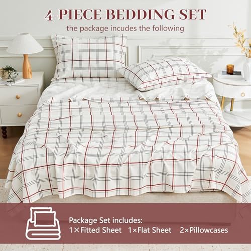 MEISHANG 100% French Pure Linen Sheets King Size - Bed Sheets 4 Piece Sets, Soft Durable Flax Linen, Anti-Tear Breathable Moisture Wicking with 16" Deep Pocket (Red Plaid)