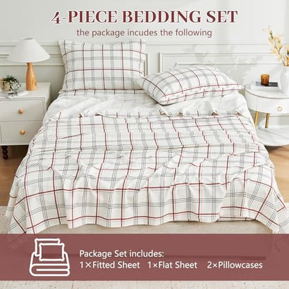 MEISHANG 100% French Pure Linen Sheets King Size - Bed Sheets 4 Piece Sets, Soft Durable Flax Linen, Anti-Tear Breathable Moisture Wicking with 16" Deep Pocket (Red Plaid)
