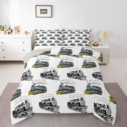 Feelyou Blue Vintage Train Comforter Set Full Size Retro Steam Locomotive Down Bedding Set for Kids Boys Girls Transportation Vehicles Duvet Quilt Bedroom Decor Microfiber 3 Pcs with 2 Pillow Cases