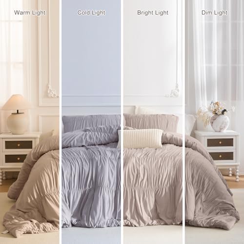 Masaca King Comforter Set(106"x95"),Ruched Ruffle Bedding Comforter Lightweight Vintage Shabby Boho Chic Ultra Soft Microfiber Cal King Bedding 3Pcs (1 Taupe Comforter and 2 Pillowcases)