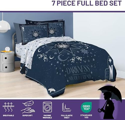 Wednesday Addams Full Size Comforter Set 7 Piece Bedding for Girls, Blue