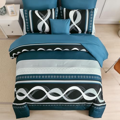 Anibedding Teal Comforter Set King Size,8 Piece Patchwork Striped Bed Set