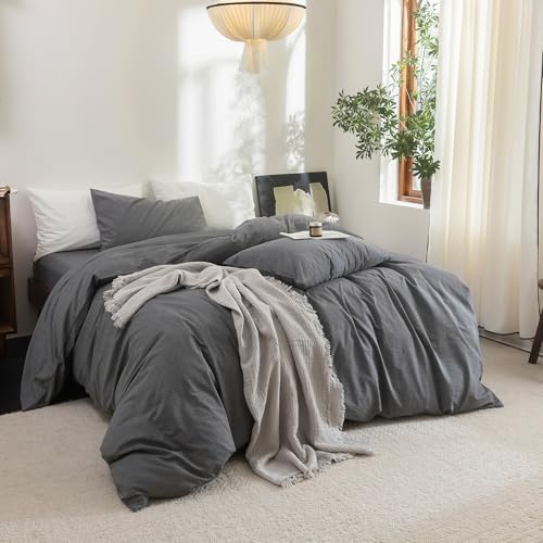 FOSSA Duvet Cover Set 100% Washed Cotton Linen Feel Twin