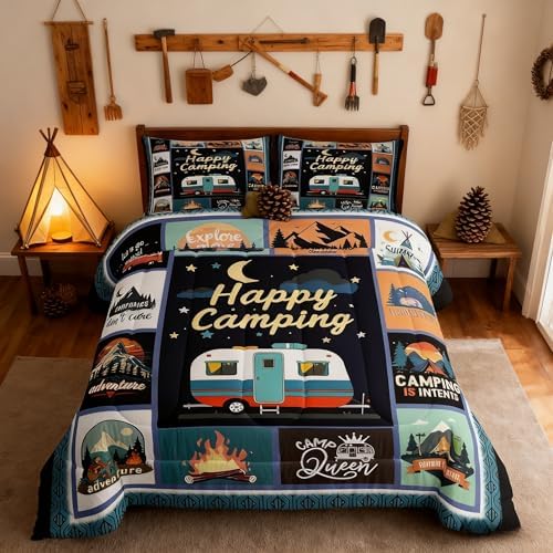 Manfei Camper Happy Camping Comforter Set King,Geometric Plaid Patchwork Bedding Set 3pcs for Kids Teens RV Traveler Room Decor,Adventure Quilt Set,Rustic Duvet Insert with 2 Pillowcases