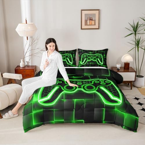 Feelyou Kids Gamer Comforter Set Full Size Green Black Bedding Set Boys
