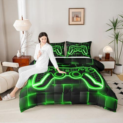 Feelyou Kids Gamer Comforter Set Twin Size Green Black Bedding Set Boys