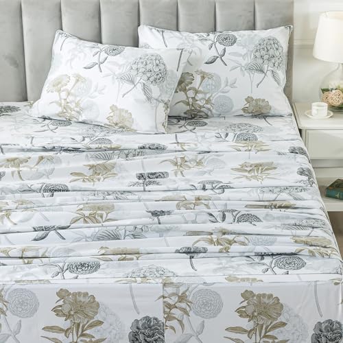 FADFAY Twin XL Floral Sheets for College Percale Cotton Ink Grey Floral Sheets Hydrangea Patterned Bed Sheet Shabby Vintage Chic Bedding Dorm Room Soft Crisp & Cool Deep Pocket Fitted Sheet, 4Pc