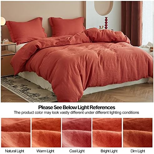 Simple&Opulence 100% Linen Duvet Cover Set 3pcs Basic Style Natural French Washed Flax Solid Color Soft Breathable Farmhouse Bedding with Button Closure - Brick Red, Queen