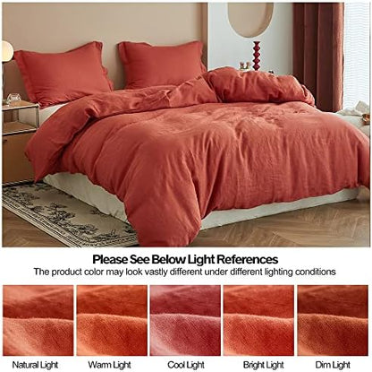 Simple&Opulence 100% Linen Duvet Cover Set 3pcs Basic Style Natural French Washed Flax Solid Color Soft Breathable Farmhouse Bedding with Button Closure - Brick Red, Queen