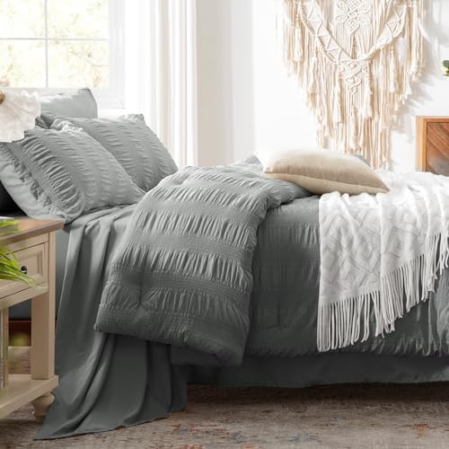 Queen Comforter Set 7 Piece, Grey Bed in a Bag Queen Size Bedding Sets