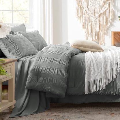 Queen Comforter Set 7 Piece, Grey Bed in a Bag Queen Size Bedding Sets