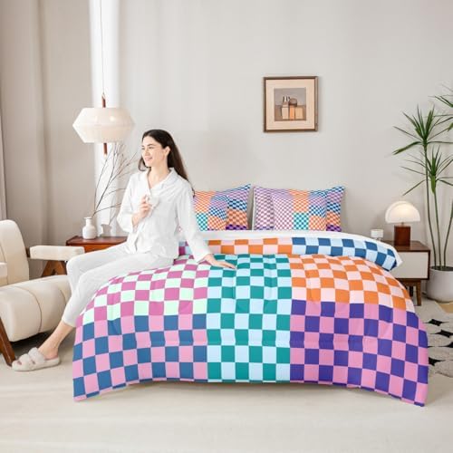 jejeloiu Teal Purple Orange Bedding Set 7Pcs Queen Size Kids Plaid Checkered Comforter Set with Sheets for Boys Girls Classic Grid Buffalo Check Bed in a Bag Soft Lightweight,Microfiber