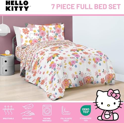 Sanrio Hello Kitty Full Size Comforter Set 7 Piece Floral Bedding, Multi