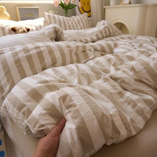 VM VOUGEMARKET Khaki Striped Duvet Cover Set Queen Teens Boys Girls Dorm Bedding Set Soft Lightweight Reversible Microfiber Farmhouse Duvet/Quilt Cover-90 x90,Khaki White