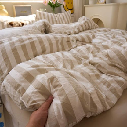 VM VOUGEMARKET Khaki Striped Duvet Cover Set Queen Teens Boys Girls Dorm Bedding Set Soft Lightweight Reversible Microfiber Farmhouse Duvet/Quilt Cover-90 x90,Khaki White