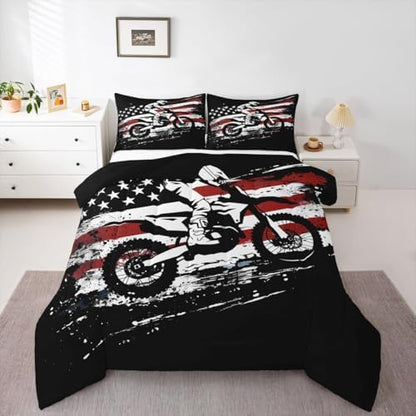 Feelyou Dirt Bike Comforter Set Queen Size Splatter Print Bedding Set for Kids Boys Girls Off-Road Racing Duvet Quilt Outdoor Sports Bedroom Decor Motocross Rider Microfiber 3 Pcs with 2 Pillow Cases