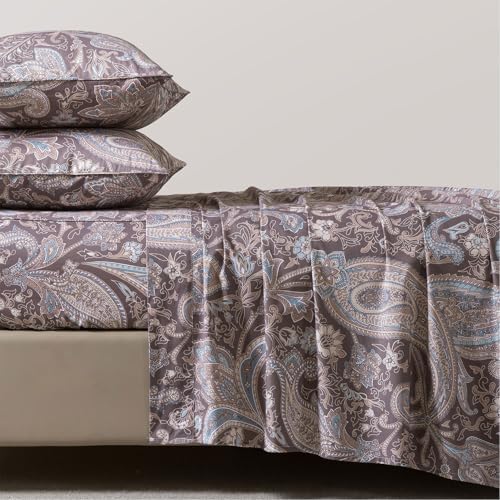 FADFAY King Size Bed Sheet Set, Vintage Paisley Floral Pattern, 100% Cotton Soft Crisp Breathable Sheets, Deep Pocket Fitted Sheet, 2 Envelope Pillowcases, Pet-Friendly, 4-Piece