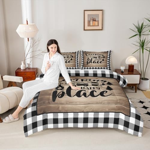 Happy Camping Comforter Set Queen Size,Camper RV Trailer Decor Bedding Set 3pcs for Kids Boys Girls Adults,Rustic Wooden Plank Geometric Grids Down Comforter,Brown Retro Duvet Insert,2 Pillowcases