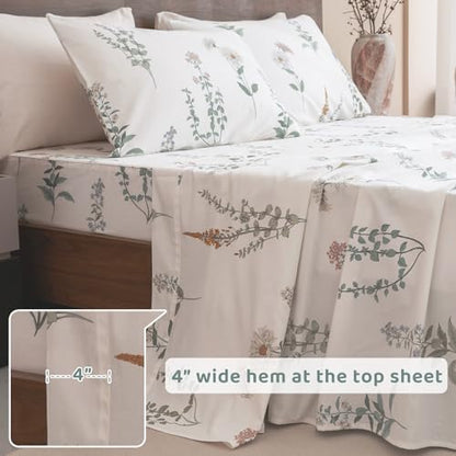 QSH Floral King Size Sheet Sets - 100% Egyptian Cotton Floral Bedding Sheets Flower Pattern Printed Bedding King Size Bed Sheets 17.5" Extra Deep Pocket 4pcs
