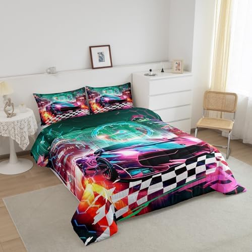 Feelyou Boys Pink Race Car Full Size Bedding Set Kids Racing Car Decor Comforter Extreme Sports Car Comforter Set for Teens Honeycomb Grid Car Comforter Quilt Set Car Room Decorations