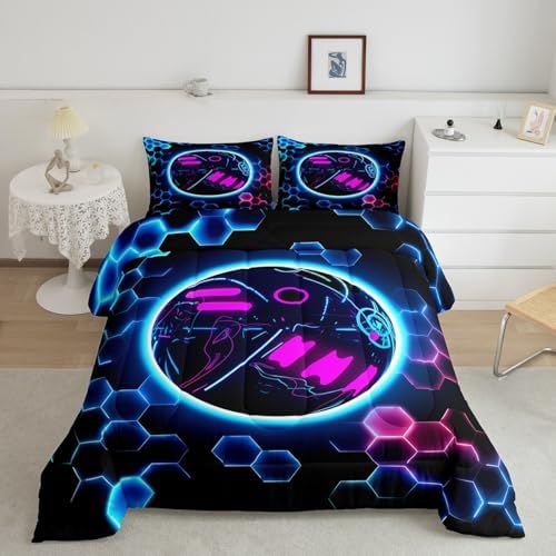 Erosebridal Bowling Games Bedding Sets King - Neon Ball Game Comforter Set for Kids Adults Hexagon Honeycomb Duvet Insert Modern Geometric Quilt
