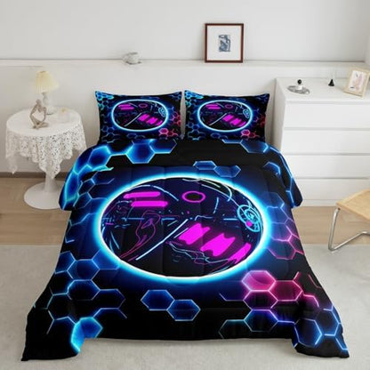 Erosebridal Bowling Games Bedding Sets King - Neon Ball Game Comforter Set for Kids Adults Hexagon Honeycomb Duvet Insert Modern Geometric Quilt