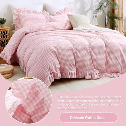 ATsense Pink Gingham Ruffle Duvet Cover Set Cotton Like Linen, King