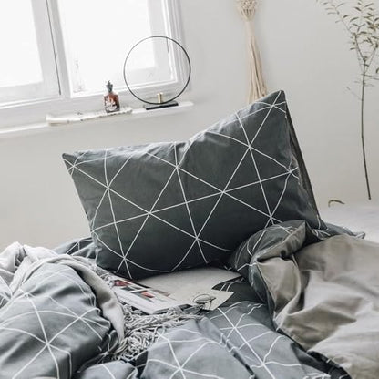 mixinni Full Size Comforter Set Soft Geometric Grey Geometric Checkered Plaid Printed Bedding Comforter for Men Boys, 1 Soft Microfiber Reversible Comforter with 2 Pillowcases for All Seasons
