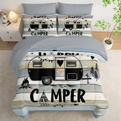 HOSIMA 7Pcs Vintage Camping Travel Trailer Printed King Bedding Set.