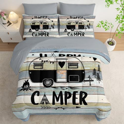 HOSIMA 7Pcs Vintage Camping Travel Trailer Printed King Bedding Set.