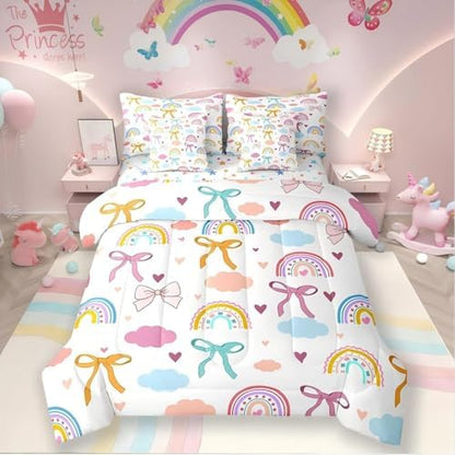 Erosebridal Kawaii Rainbow 7 Piece Bedding Set, Watercolor Clouds Bow Knot Queen Comforter Set with Sheets Ribbon Bowknot Dreamy Princess Style Bed in a Bag, Cute Room Decor Aesthetic
