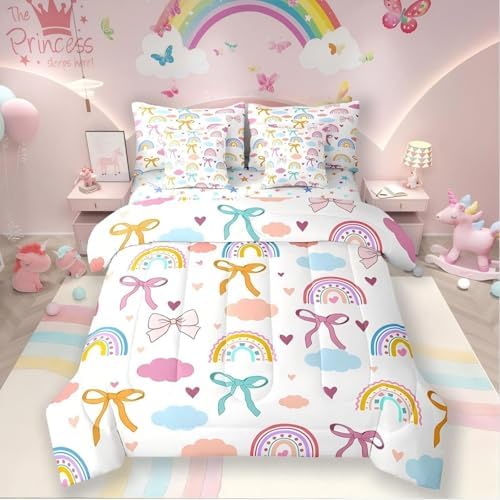 Erosebridal Kawaii Rainbow 7 Piece Bedding Set, Watercolor Clouds Bow Knot King Size Comforter Set with Sheets Ribbon Bowknot Dreamy Princess Style Bed in a Bag, Cute Room Decor Aesthetic