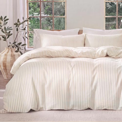 Bedbay 100% Cotton Striped Duvet Cover Set King Size, Beige Stripe Bedding, 300TC Cotton Sateen Duvet Cover, Soft Smooth Breathable Farmhouse Sateen Set, 3 Pieces