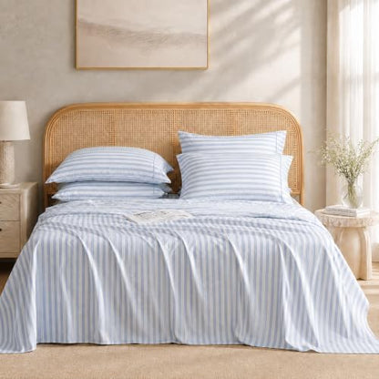 ROSE&RISY Blue Stripe Queen Sheet Set, 4 Pieces Soft Bedding Striped Queen Sheet Set, Breathable and Cooling,Includes 1 Fitted Sheet, 1 Flat Sheet, 2 Pillowcases - Deep Pocket (Blue Stripe, Queen)