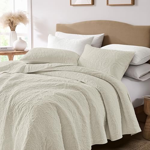 palassio Beige Paisley 100% Cotton Quilt Queen Size Bedding Sets with 2 Pillow Shams, Boho Floral Lightweight Farmhouse Country Vintage Soft Bedspread Shabby Chic Coverlet for All Season, 3 Pieces