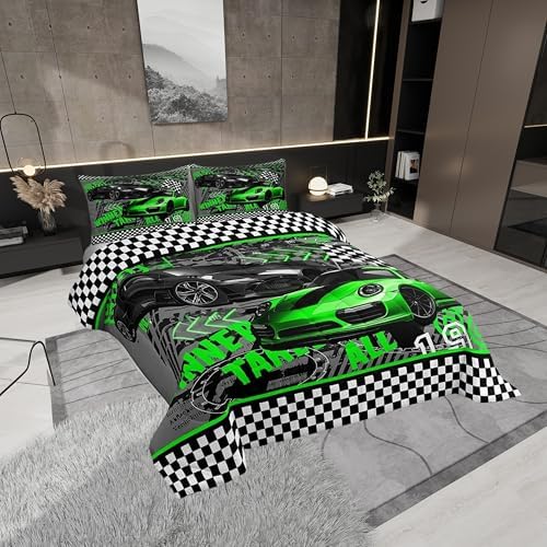 Castle Fairy Boys Race Car Twin Size Comforter Set,Kids Green Sports Car Decor All Season Bedding Set,Teens Extreme Sports Comforter,Children Decor Quilt Set Bedroom Collection 2Pcs