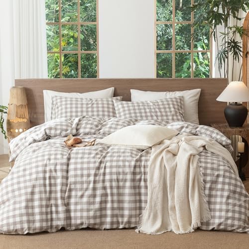 MooMee Gingham Duvet Cover Set 100% Washed Cotton Linen Like