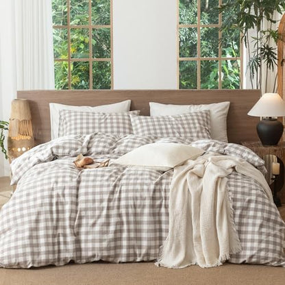 MooMee Gingham Duvet Cover Set 100% Washed Cotton Linen Like