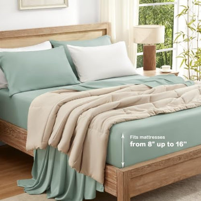 Andency Sateen Sheets Set, 100% Viscose Derived from Bamboo, Hotel Luxury Silky & Cooling for Hot Sleepers, Deep Pocket Up to 16", Sateen Green Queen