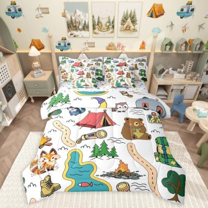 Erosebridal Camping Themed Bedding Set for Kids Teens,Camping Lover Comforter Set Twin Size,Cartoon Animal (Comforter+Fitted+Flat Sheet+2 Pillowcases+2 Throw Pillow Covers) 7 Pieces Bed Set