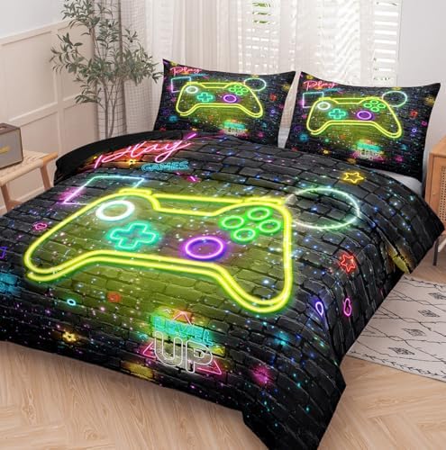 NINENINE Gaming Bedding 5PCS Queen Size Comforter Sets for Boys,Gaming Bedding Sets for Boys Black Comforter Sheet Set(1Comforter, 1Flat Sheet, 1Fitted Sheet, 2Pillowcases)…