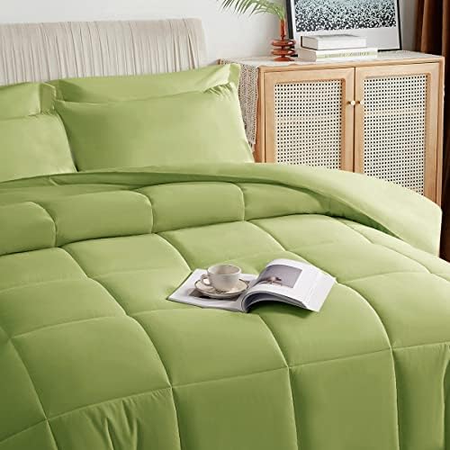 TAIMIT Sage Green Full Size Comforter Set - 7 Pieces, Bed in a Bag Bedding Sets with All Season Soft Quilted Warm Fluffy Reversible Comforter,Flat Sheet,Fitted Sheet,2 Pillow Shams,2 Pillowcases