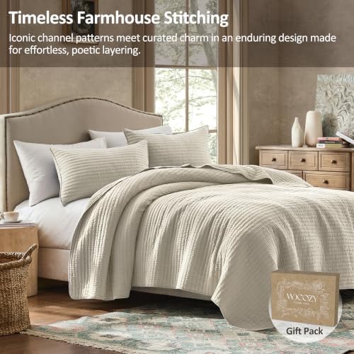 WDCOZY 100% Cotton Twin Size Quilt Set, Channel Pick Stitch, Light Beige