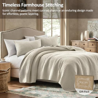 WDCOZY 100% Cotton California King Size Quilt Set, Pick Stitch, Light Beige